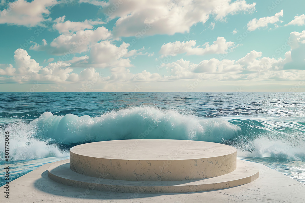 Poster a serene ocean view with swirling waves around a circular platform under a bright sky, captured on a