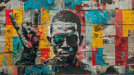 Fototapeta premium A guy flashing the peace sign, symbolic protest street art, support for Black Lives Matter, colorful newspaper collage, urban graphic design, creative mixed media artwork