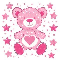 cute bear, pink heart and stars at white background