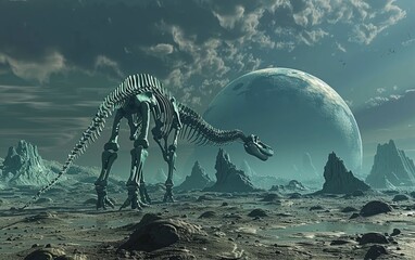 An eerie picture of a prehistoric creature's fossil standing tall on a barren world