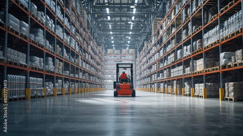 Poster smart warehouse worker or operator driving forklift and lifted product surrounded with box at storag