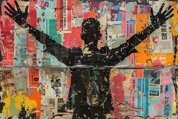 Fototapeta premium A person signaling triumph with their hands, symbolic defiance street art featuring Black Lives Matter, a collection of vibrant distressed newspapers, gritty urban graphics, mixed media artwork.