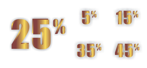 Collection of shiny gold discount numbers percent off isolated on white background with reflection