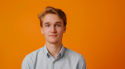 young man as a virtual assistant, medium shot, looking at the camera. in the style of orange, joyful and optimistic, vibrant portraits, minimalist flat backgrounds, photo-realistic hyperbole