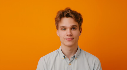 young man as a virtual assistant, medium shot, looking at the camera. in the style of orange, joyful and optimistic, vibrant portraits, minimalist flat backgrounds, photo-realistic hyperbole