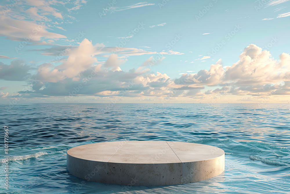 Poster a serene circular platform floats on calm ocean waters under a bright sky, creating a tranquil scene