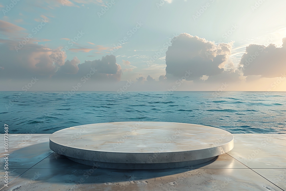 Poster circular platform overlooking calm ocean waters at sunrise with soft clouds and a serene atmosphere