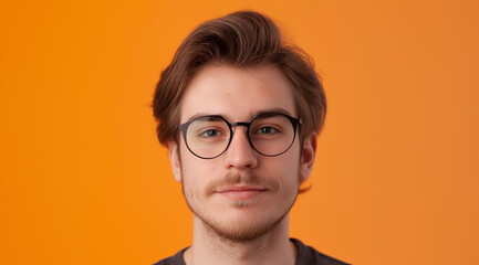 young man as a virtual assistant, medium shot, looking at the camera. in the style of orange, joyful and optimistic, vibrant portraits, minimalist flat backgrounds, photo-realistic hyperbole