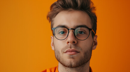 young man as a virtual assistant, medium shot, looking at the camera. in the style of orange, joyful and optimistic, vibrant portraits, minimalist flat backgrounds, photo-realistic hyperbole