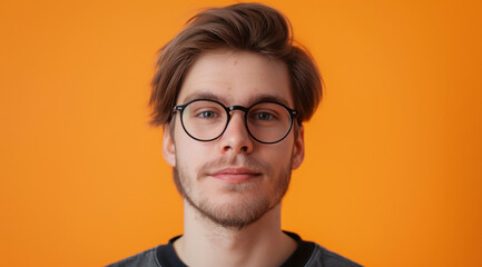 young man as a virtual assistant, medium shot, looking at the camera. in the style of orange, joyful and optimistic, vibrant portraits, minimalist flat backgrounds, photo-realistic hyperbole