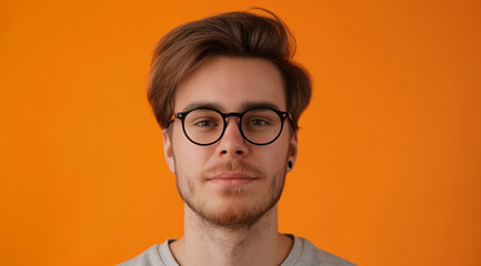 young man as a virtual assistant, medium shot, looking at the camera. in the style of orange, joyful and optimistic, vibrant portraits, minimalist flat backgrounds, photo-realistic hyperbole