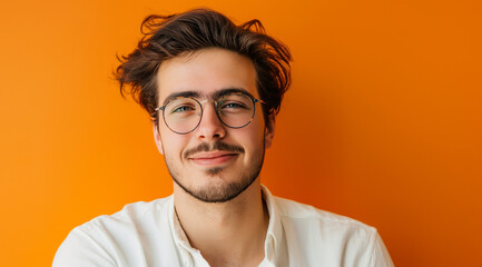 young man as a virtual assistant, medium shot, looking at the camera. in the style of orange, joyful and optimistic, vibrant portraits, minimalist flat backgrounds, photo-realistic hyperbole