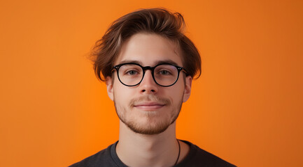 young man as a virtual assistant, medium shot, looking at the camera. in the style of orange, joyful and optimistic, vibrant portraits, minimalist flat backgrounds, photo-realistic hyperbole