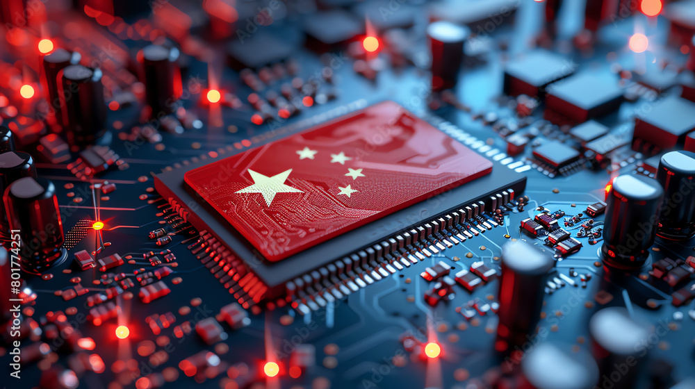 Poster a close-up of a computer chip featuring the chinese flag, illustrating advancements in technology an