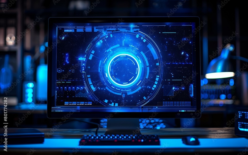 Poster a blue circle is visible on the computer screen.