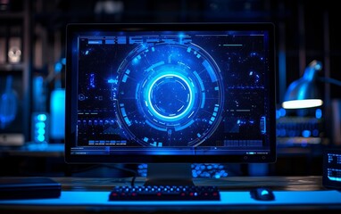 Obraz premium A blue circle is visible on the computer screen.