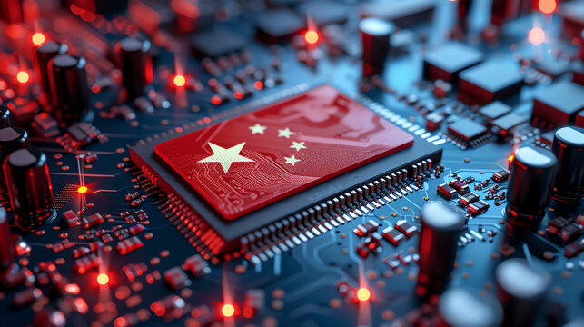 A close-up of a computer chip featuring the Chinese flag, illustrating advancements in technology and electronics