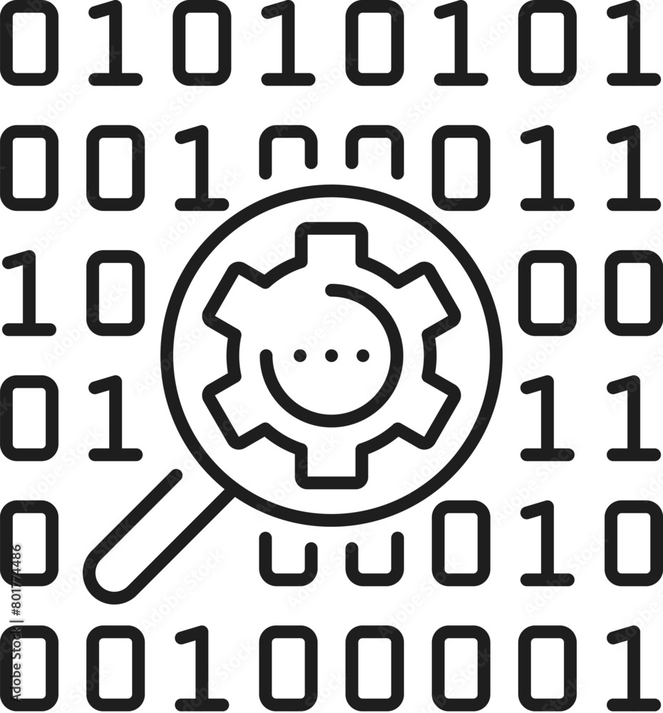 Poster Machine learning, AI artificial intelligence data mining algorithm icon. Artificial intelligence science, AI data analysis digital innovation line vector symbol with binary code and magnifying glass