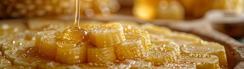 An up-close photo showcasing the fine art of drizzling honey over a delectable selection of cheeses, highlighting the textures and flavors for an indulgent experience.