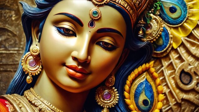 Close the Face of Hindu Goddess Saraswati