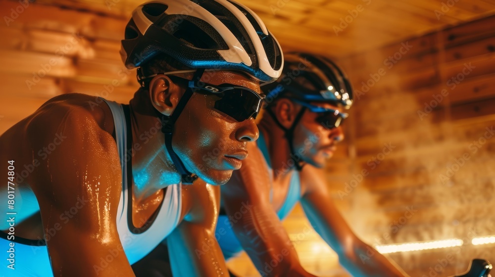 Poster a group of cyclists using a sauna after a race demonstrating how saunas can speed up muscle recovery
