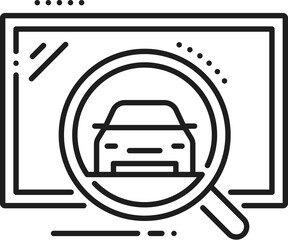 Car search line icon for dealership or automobile sell and buy dealer, outline vector. Used cars and new auto search service or web app line icon for cars purchase, rent or automotive trade sales