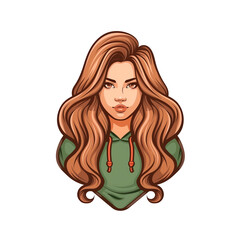 Pixel art of a woman with long brown hair in a green hoodie
