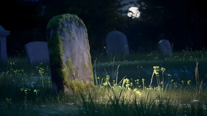 A serene nighttime scene in a graveyard. A solitary, aged gravestone stands prominently in the foreground.