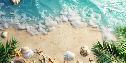 Aerial photography sunny tropical beach sandy beach with sunshades parasol and blue ocean summer - obrazy, fototapety, plakaty