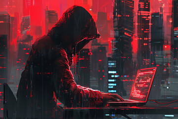 A hooded figure works intently on a laptop surrounded by a red and dark cityscape during nighttime, implying a cyber investigation