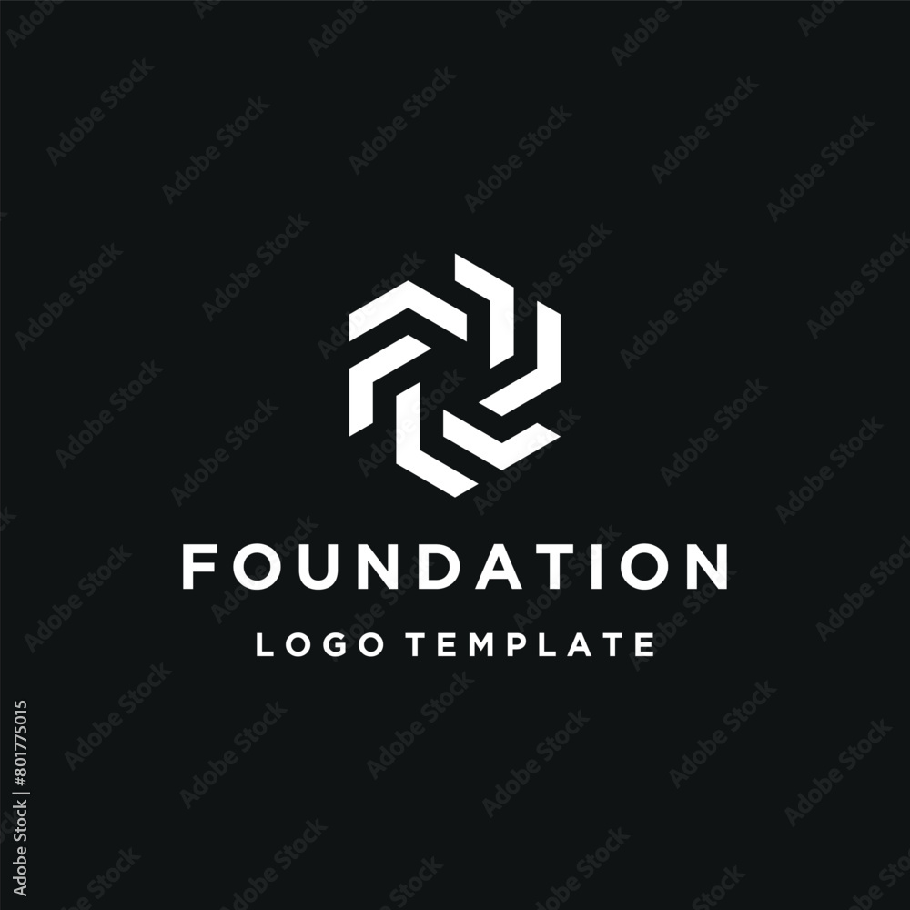 Poster swirling initial letter f with simple hexagon shape line art logo design