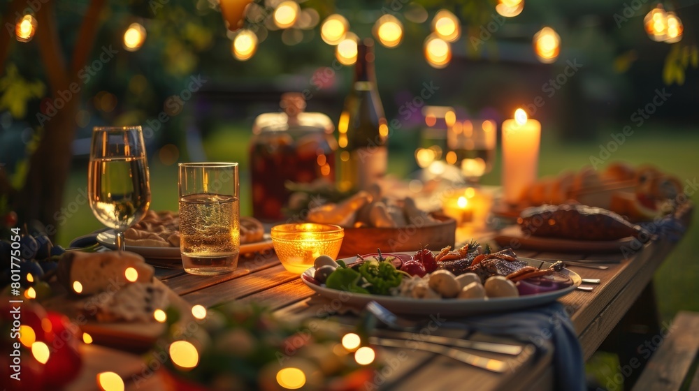 Aufkleber the soft glow of candles illuminates a rustic wooden picnic table set with an array of mouthwatering