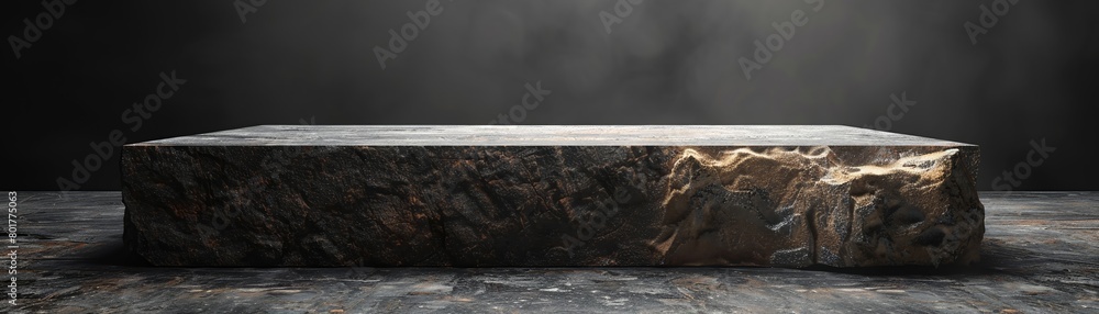 Poster a picture of a stone cube platform in a deep black setting, great for displaying products. created u