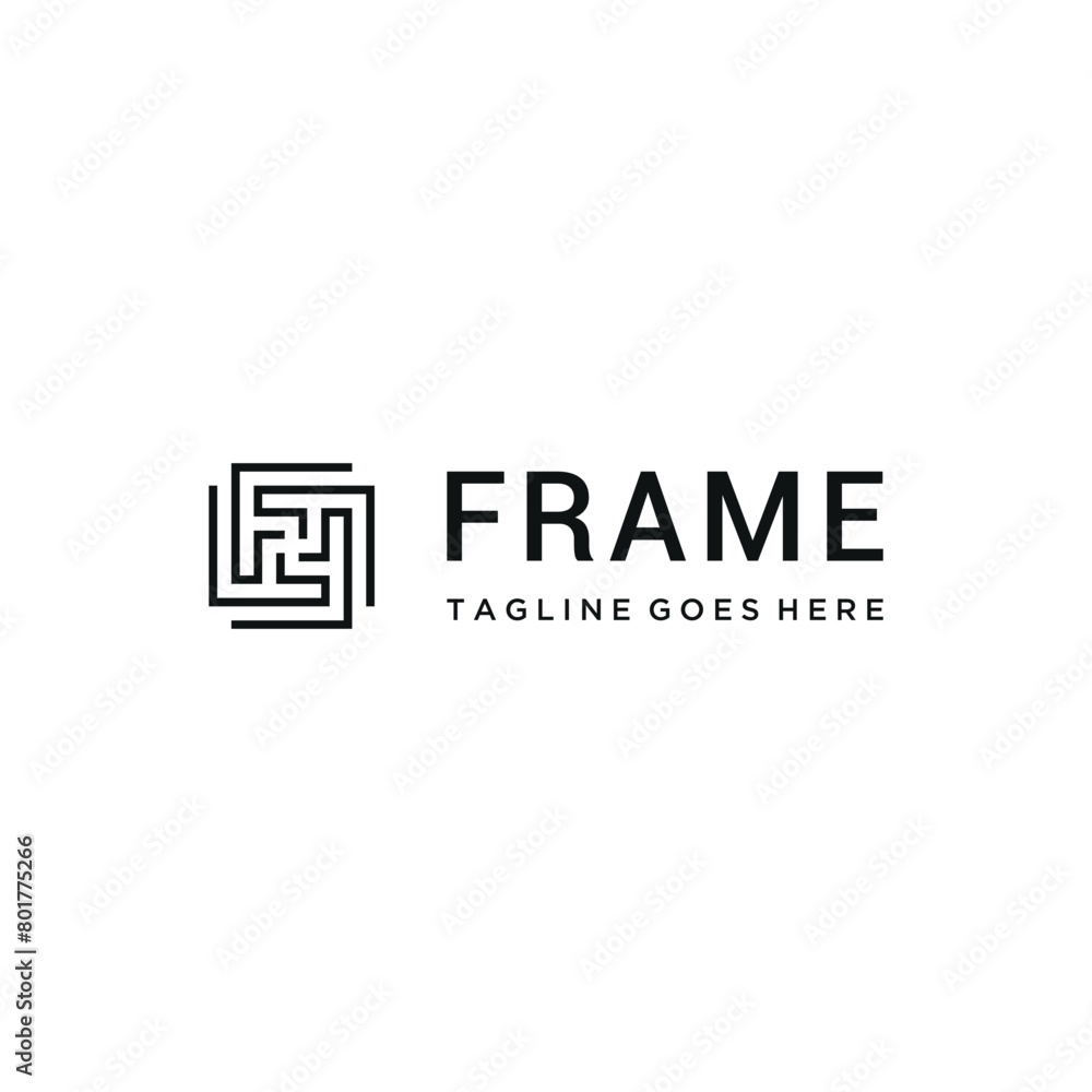 Poster swirling initial letter f with simple square shape line art logo design