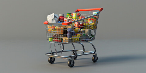Shopping trolley with food products isolated on a grey background