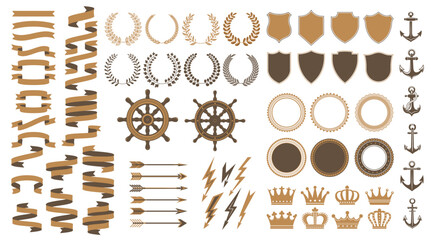 Vintage Medieval heraldic elements and royal marine heraldry, vector laurels and crowns. Heraldic icons of ship helm with anchor and shield with arrow, lightning and ribbon for heraldry badge seals