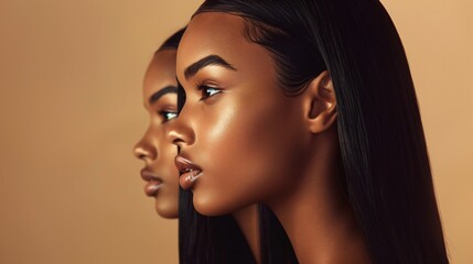 Woman with sleek, straight hair, her reflection mirroring her, emphasizing contemporary beauty standards and the importance of hair care.