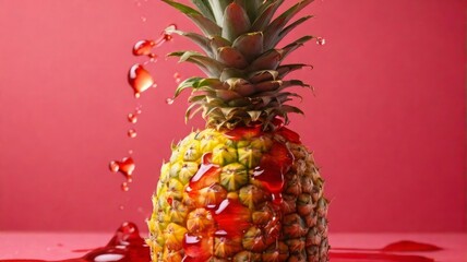 Photo of pineapple with red sauce on pink background.