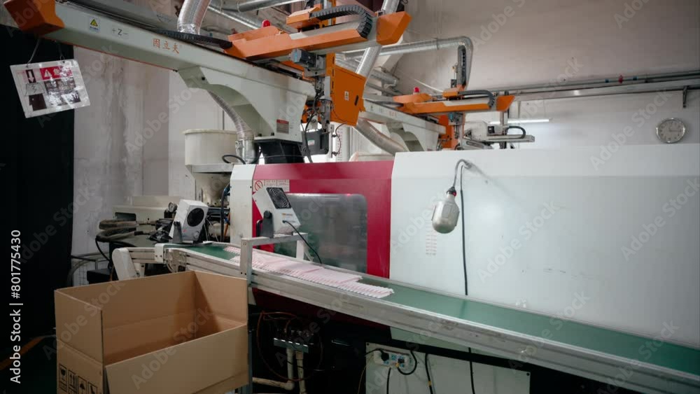 Poster plastic injection moulding machine with a robotic arm. plastic products manufacturing in china. auto