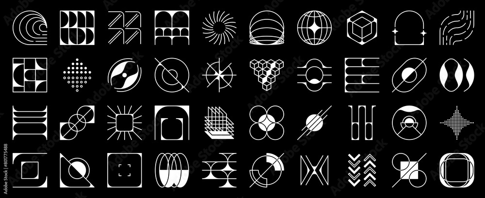 Poster Futuristic geometric figures, brutalism y2k abstract shapes. Modern minimal art graphic elements vector set of monochrome circle, triangle, square and dot, curve, wave and star simple geometry forms