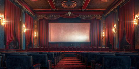 Classic movie theater with a large screen and rows of seats