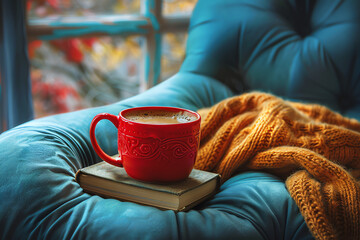 Cozy winter afternoon with a red mug of coffee resting on a book beside a warm knit blanket in a comfortable blue chair
