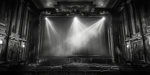 Dark movie theatre interior screen and chairs