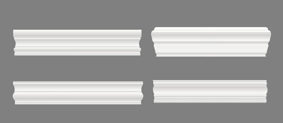 Wall skirting baseboard or molding and interior moulding cornice, realistic vector. White wall skirting or house ledge trim molding for ceiling border panels and molding board frieze of plaster stucco