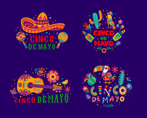 Cinco De Mayo lettering icons for Mexican holiday fiesta greeting, vector banners. Cinco De Mayo lettering with Mexican sombrero and guitar, tequila and cactus with toucan bird in floral ornament
