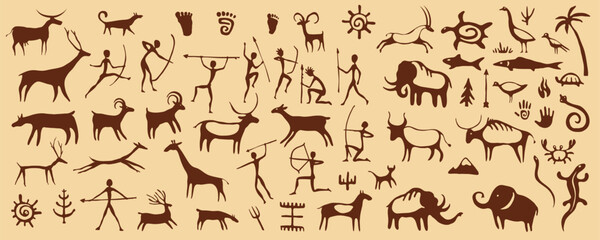 Prehistoric cave paintings, ancient art on rock wall. Stone vector background with caveman paintings, primitive brown symbols of hunters, tribe people and animals, deers, mammoth, spears and fire