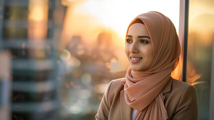 Successful middle eastern businesswoman standing in big city modern skyscrapers dreaming on new opportunities