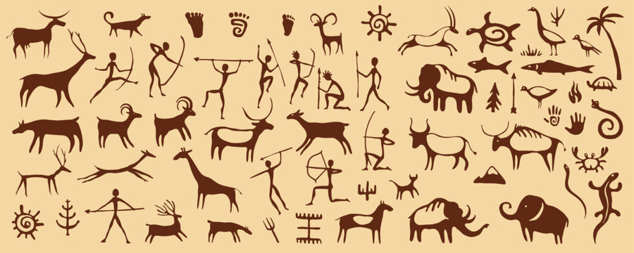 Prehistoric cave paintings, ancient art on rock wall. Stone vector background with caveman paintings, primitive brown symbols of hunters, tribe people and animals, deers, mammoth, spears and fire