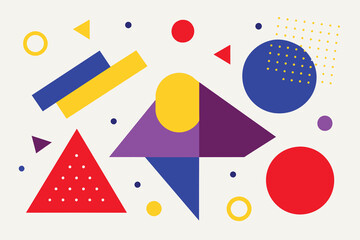 Set of isolated memphis style abstract shapes with geometric triangle and dots. Red and blue, yellow and violet texture made of shapes for minimalistic background. Template