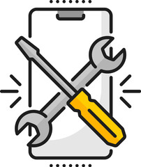 Cellphone software coding, mobile app develop technical support, web application optimization outline icon. Online service or app developing linear vector icon with mobile phone and crossed tools